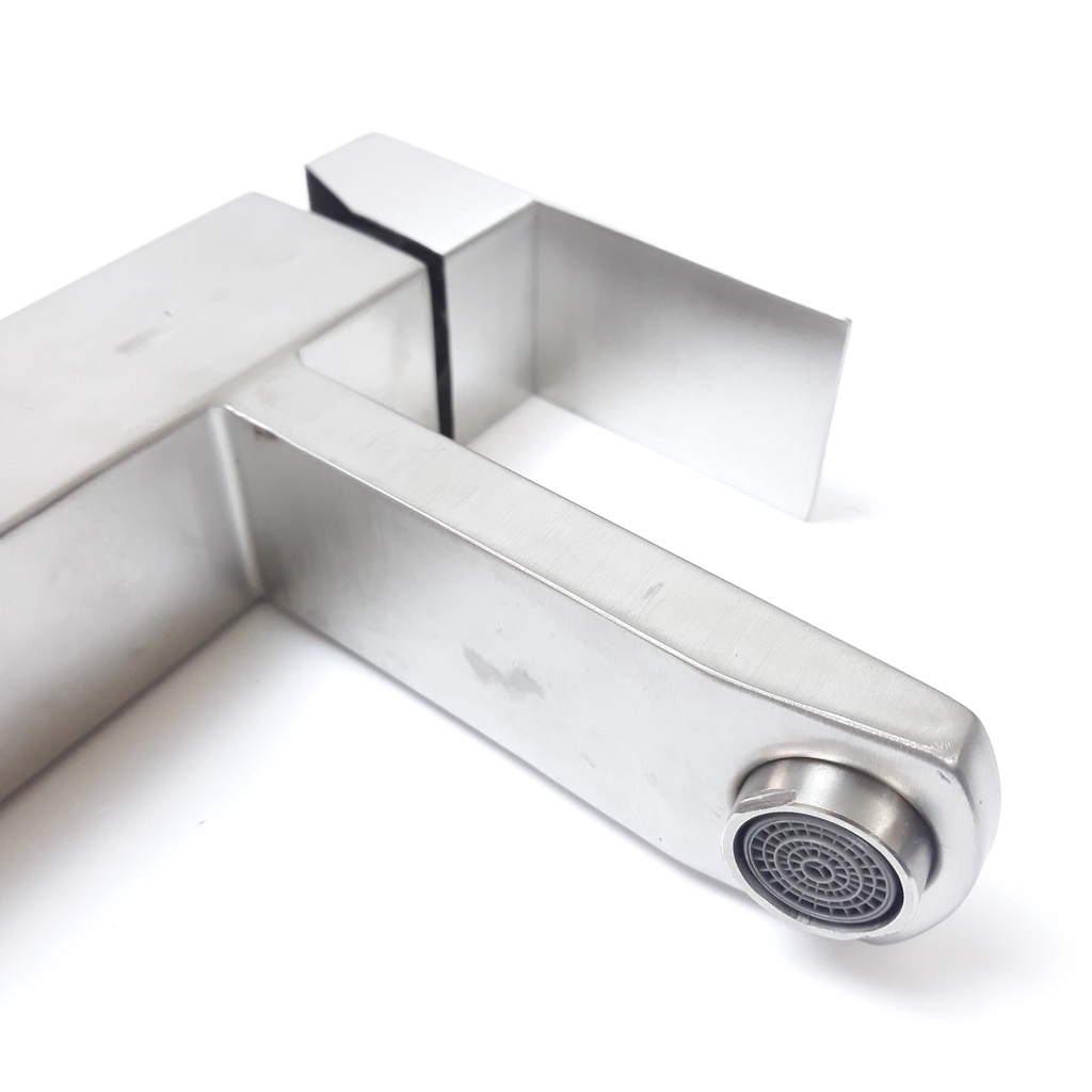 Vòi lavabo nóng lạnh inox 304 trụ vuông 18cm màu trắng mờ đặc trưng của inox phay cao cấp, sang trọng, lịch lãm