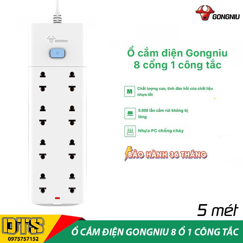 Ổ cắm điện an toàn cao cấp GONGNIU, ổ cắm điện đa năng 8 ổ 1 công tắc có dây 5m, bảo hành chính hãng 3 năm 1 đổi 1