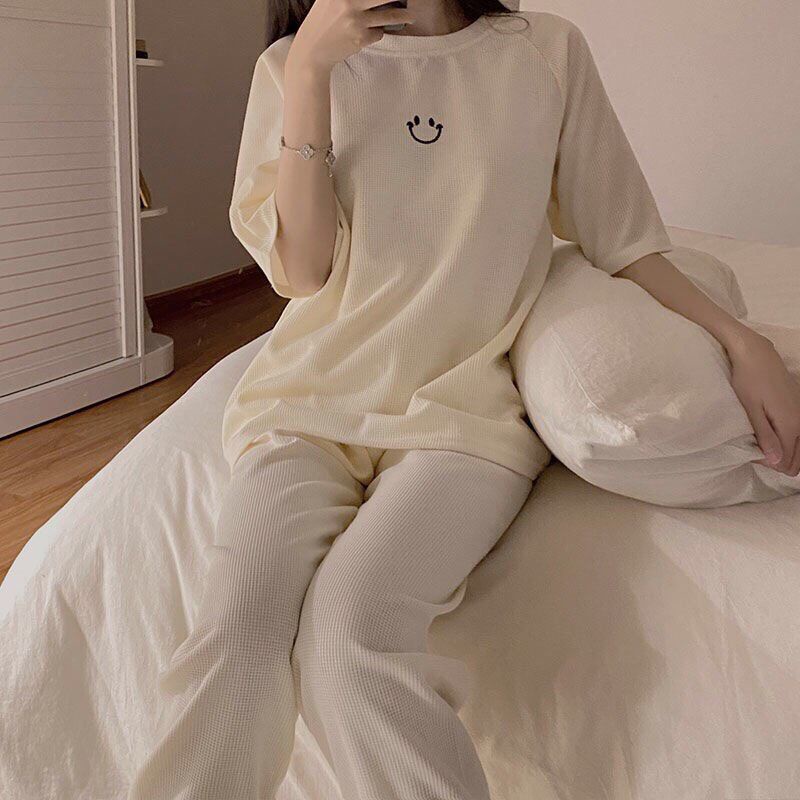 Bộ icon mặt cười, hình thêu, quần bo gấu, áo thun tay lỡ chất bo tăm