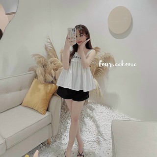Set áo 2 dây thêu hoa bèo trắng quần short đen