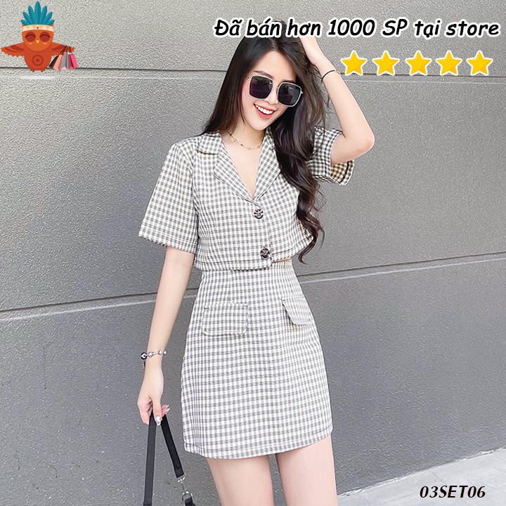 Set áo vest croptop tay ngắn phối chân váy caro kem THOCA HOUSE thanh lịch công sở, sang trọng dự tiệc