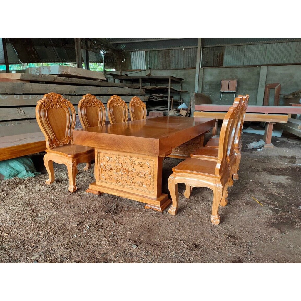 Bộ bàn ăn nguyên khối 8 ghế louis gỗ gõ đỏ Nam Phi