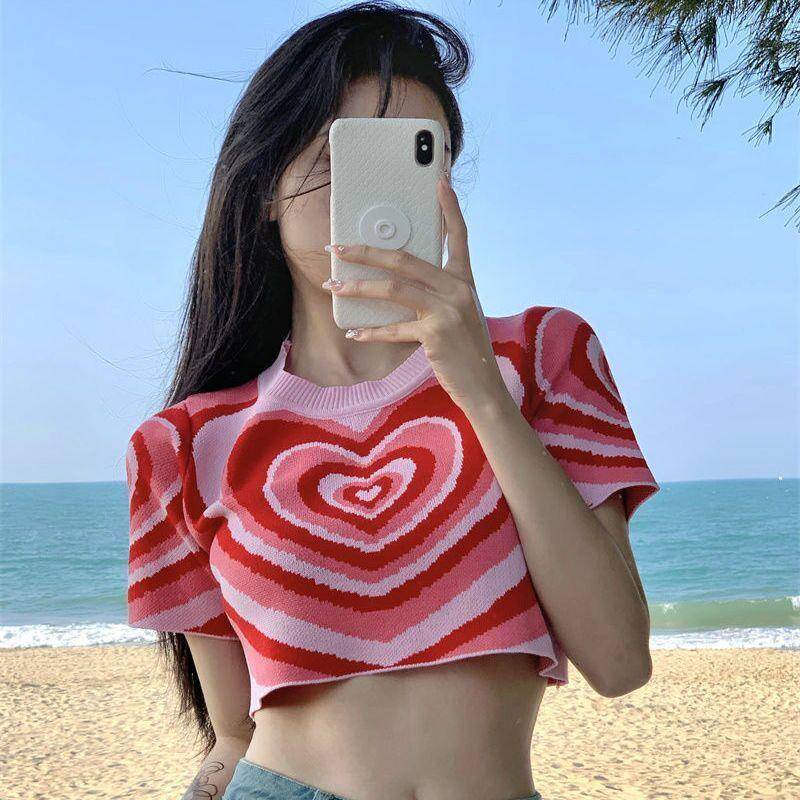 Áo Thun Dệt Kim Ngắn Tay Họa Tiết Trái Tim Thời Trang Cho Nữ