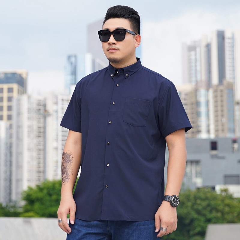 Áo Sơ Mi Tay Ngắn Màu Trơn Phối Nút Vàng Cỡ Lớn 60-175KG Thời Trang Cho Nam