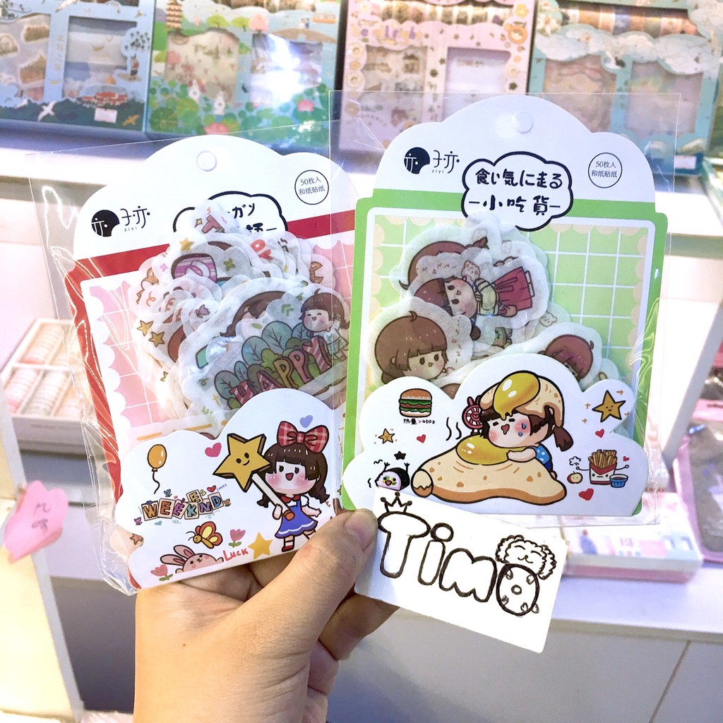 Set Sticker Cute Dễ Thương Hình Cô Bé Trang Trí Sổ Tay Xinh Anime Bàn Học Dán Mũ Bảo Hiểm Dán Góc Học Tập Vali