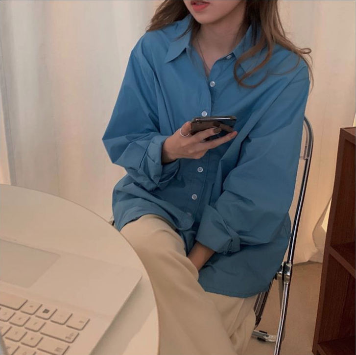 Áo Sơ Mi Màu Trơn Tay Dài Dáng Rộng Phong Cách Hàn Quốc Cho Nữ