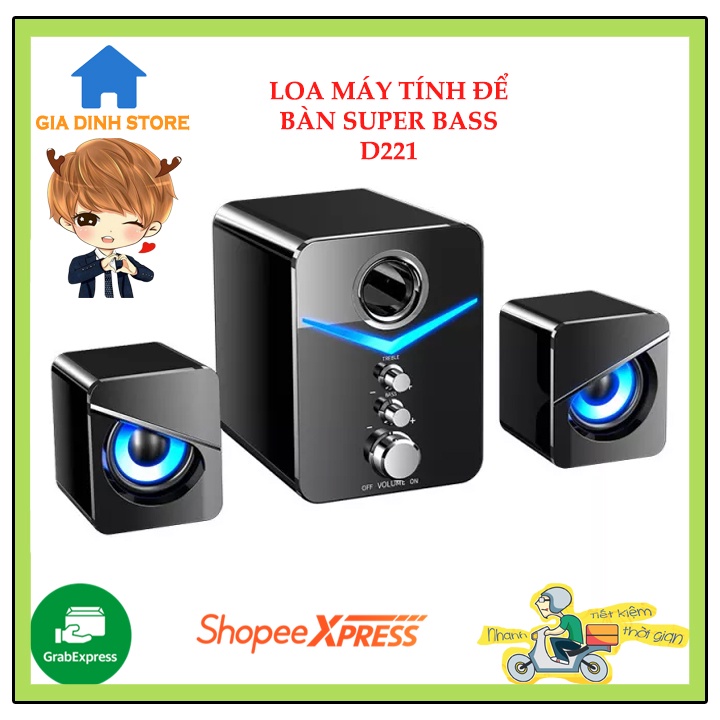 Loa máy tính D221 SUPER BASS, để bàn nhỏ gọn, có đèn led, hỗ trợ bluetooth, bảo hành 1 đổi 1