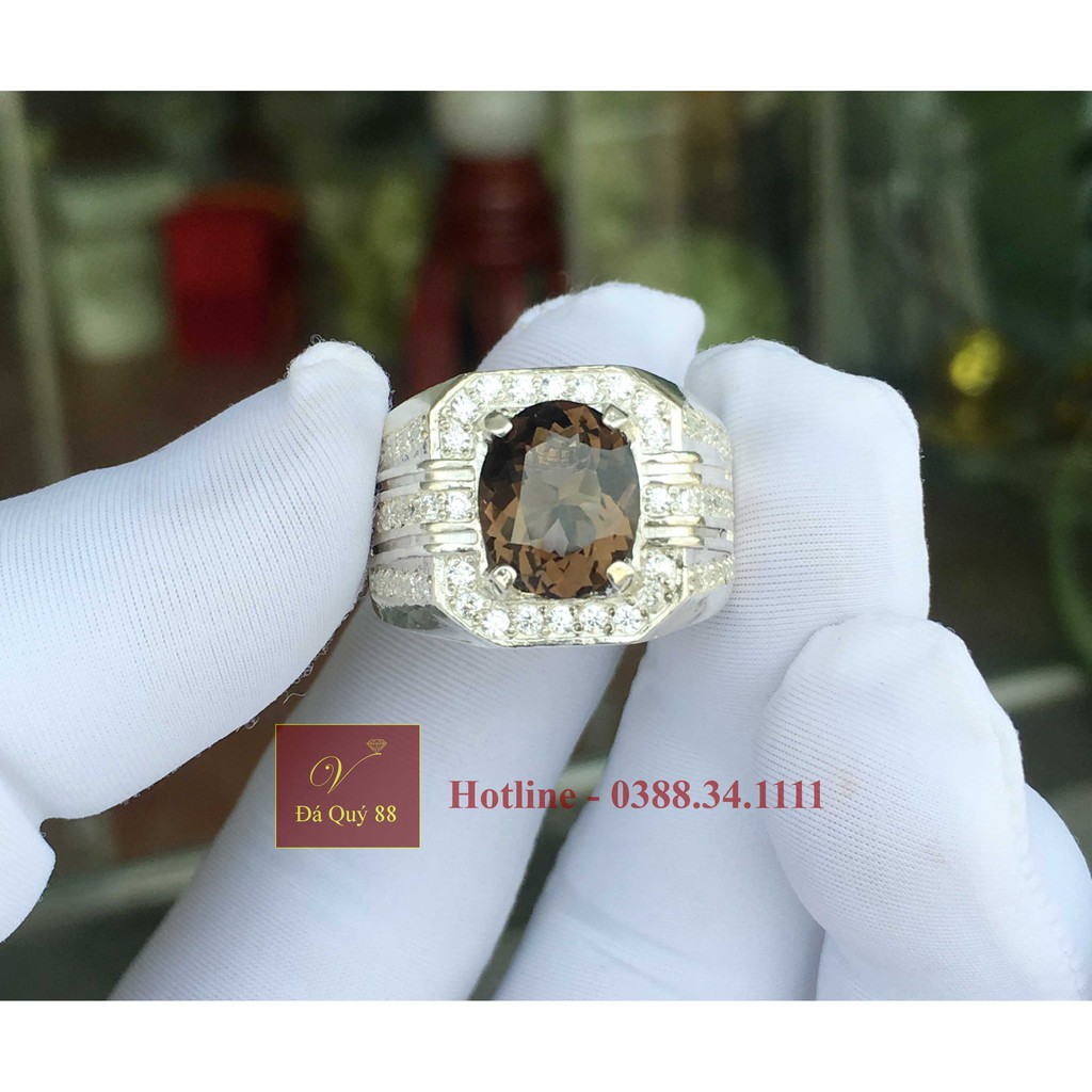 Nhẫn Bạc Gắn Đá Thạch Anh Khói Đen Tự Nhiên Vip