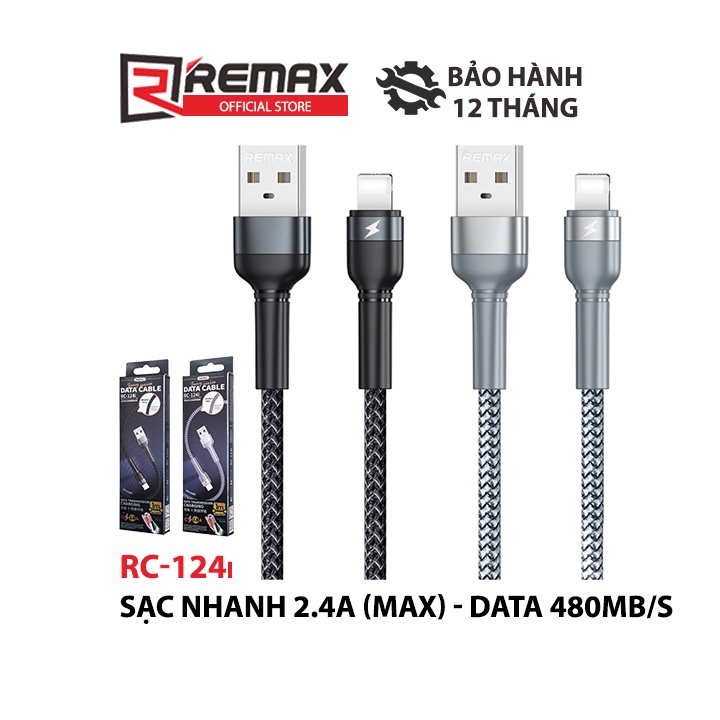 Cáp sạc nhanh cho cổng ai-Phôn Remax RC-124i Data Jany Series thân bọc kim loại dài 1 mét max 2.4A