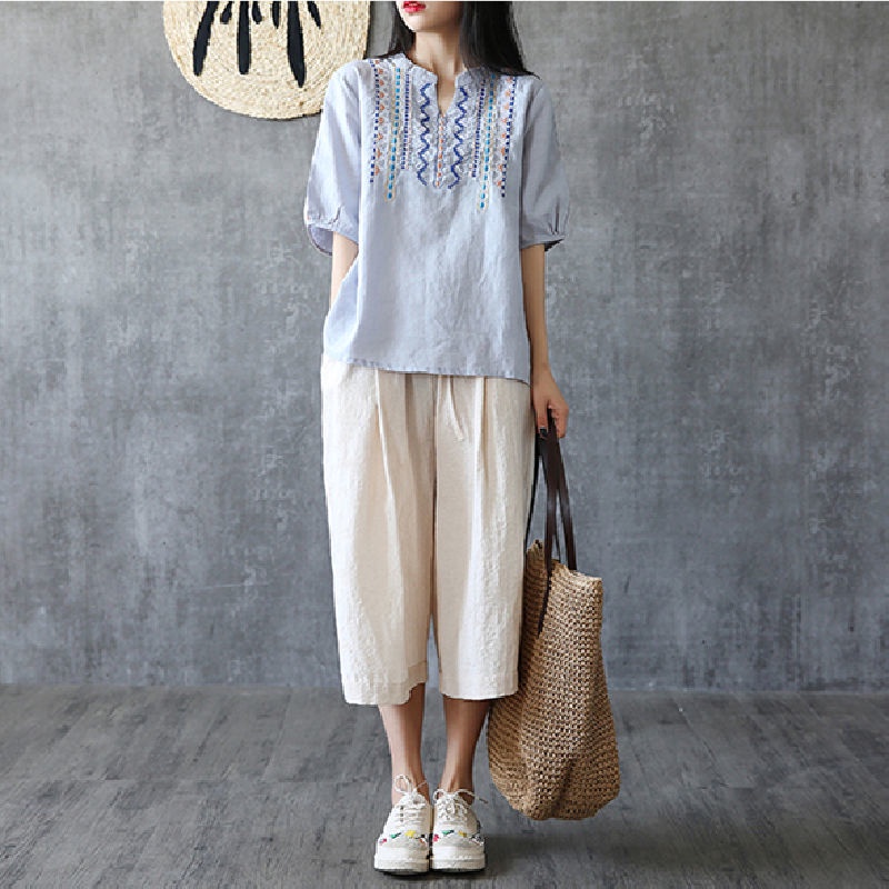 Áo Thun 100% Cotton Tay Ngắn Cổ Chữ v Họa Tiết Thêu Đơn Giản Thời Trang Mùa Hè Phong Cách Mới