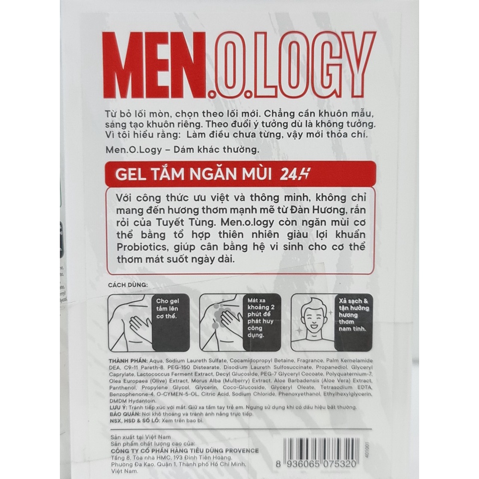 Sữa Tắm Dạng Gel Cho Nam Ngăn Mùi 24h MEN.O.LOGY 350ml