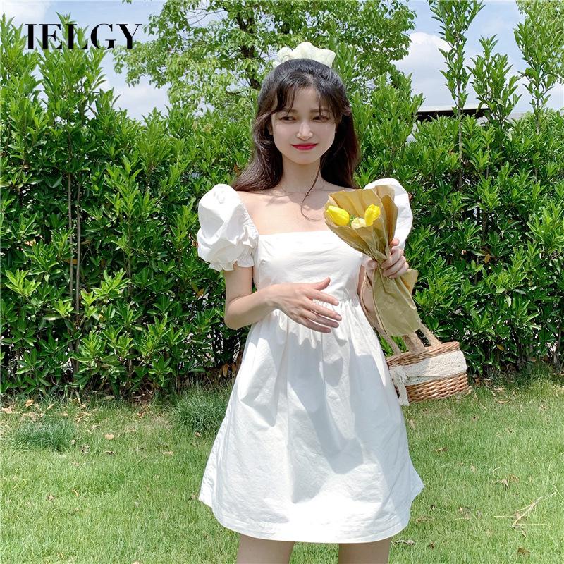 IELGY Đầm Tay Phồng Cổ Vuông Thắt Nơ Hở Lưng Thời Trang Dành Cho Nữ