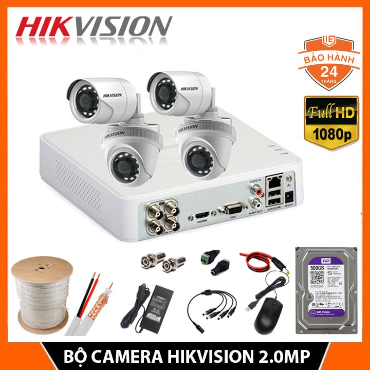 Trọn Bộ 4 Camera Quan Sát Hikvision 2.0 megapixel Full HD 1080P kèm HDD 500G và Đầy đủ phụ kiện