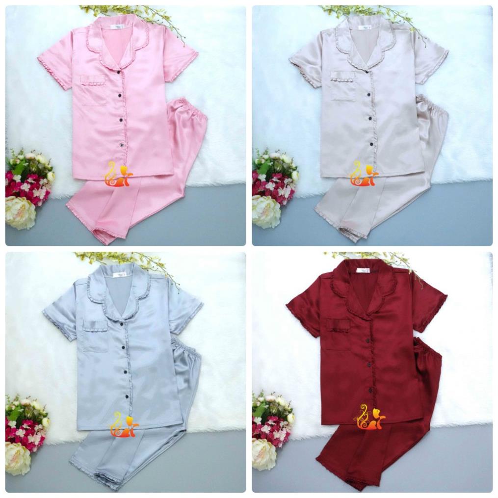 Đồ Pijama Phi Lụa "Viền Bèo" Quần Lửng Cao Cấp - Dưới 58kg. *