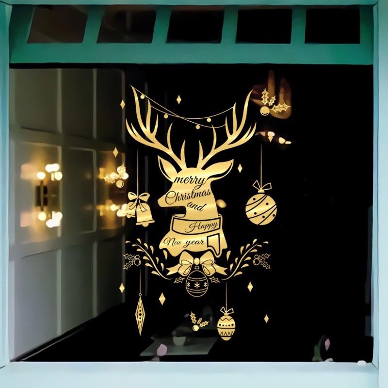 Decal trang trí Noel - Đầu Nai treo châu nhũ ánh vàng cao cấp