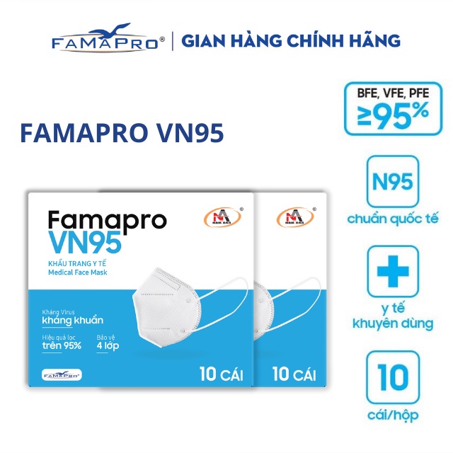[HỘP-10 CÁI-MÀU TRẮNG] COMBO 2 HỘP Khẩu trang y tế kháng khuẩn 4 lớp Famapro VN95