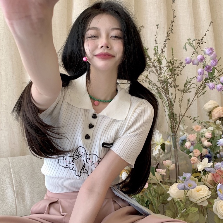 Áo thun polo ZHELIHANGFEI dệt kim tay ngắn thêu hình thỏ dễ thương thời trang