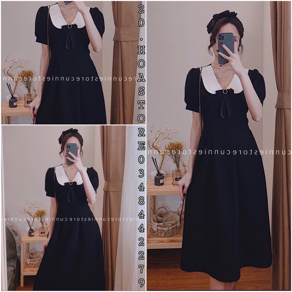 VÁY DÀI ĐEN CỔ BÈO SUÔNG VINTAGE - ĐẦM NỮ TIỂU THƯ HÀN QUỐC MAXI VAI SEN SƠ MI ulzzang