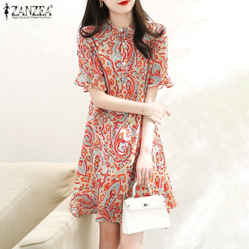 Đầm midi Zanzea tay ngắn cổ đứng phối bèo phong cách Hàn Quốc thời trang cho nữ