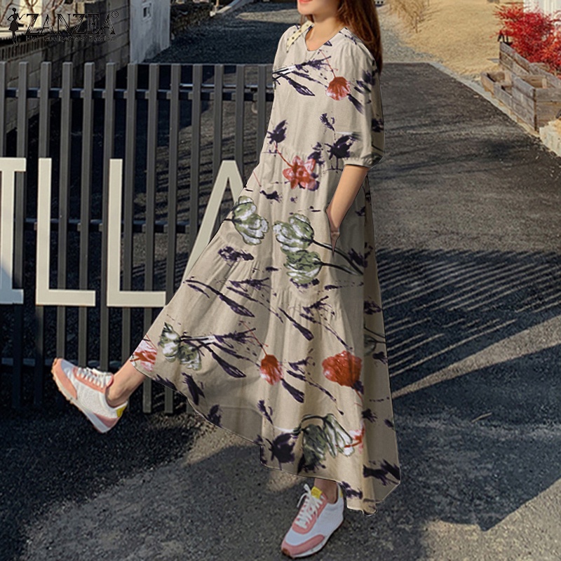 Đầm dáng dài ZANZEA cổ tròn tay lửng thời trang thường ngày cho nữ
