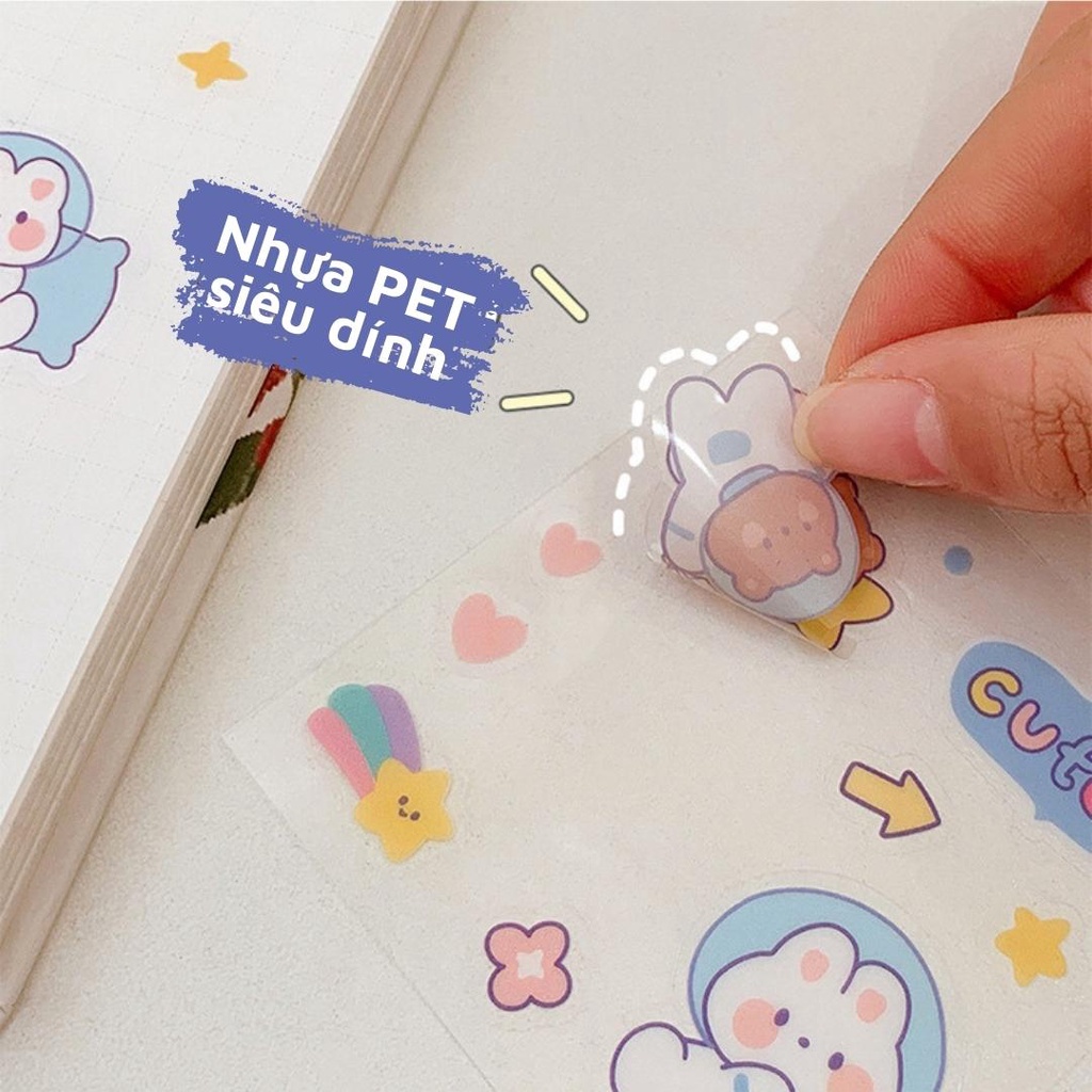 Sticker dán gấu phi hành gia dễ thương trang trí bình nước, điện thoại nhựa PET siêu dính chống nước