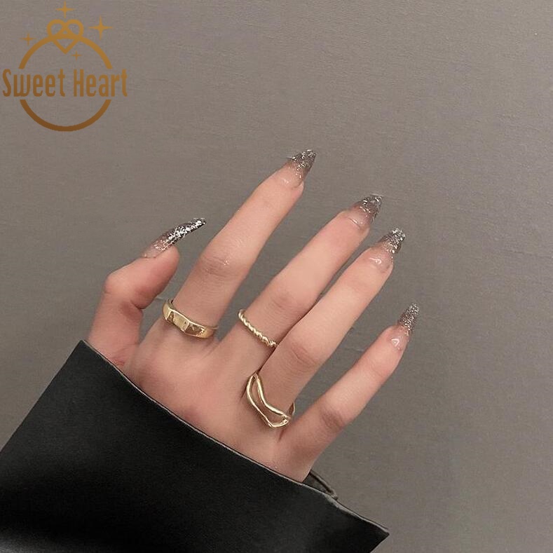 Set 3 Nhẫn Đeo Tay Kim Loại Mạ Vàng / Bạc Thời Trang Cho Nữ