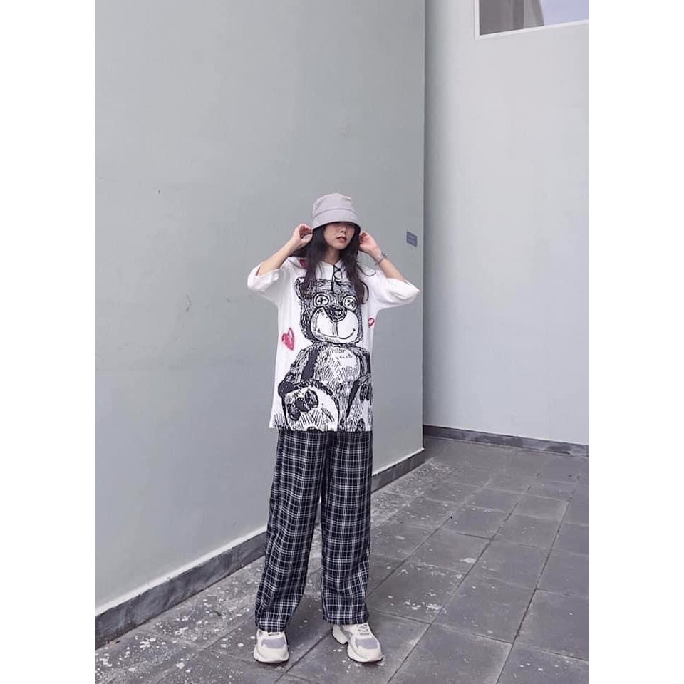 [ unisex Quần suông kẻ caro đen mẫu mới cạp lưng thun / quần cuttlotes caro ulzzang