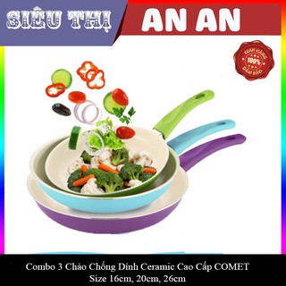 Bộ 03 chảo chống dính men sứ COMET 16cm, 20cm, 26cm lớp chống dính khó tróc