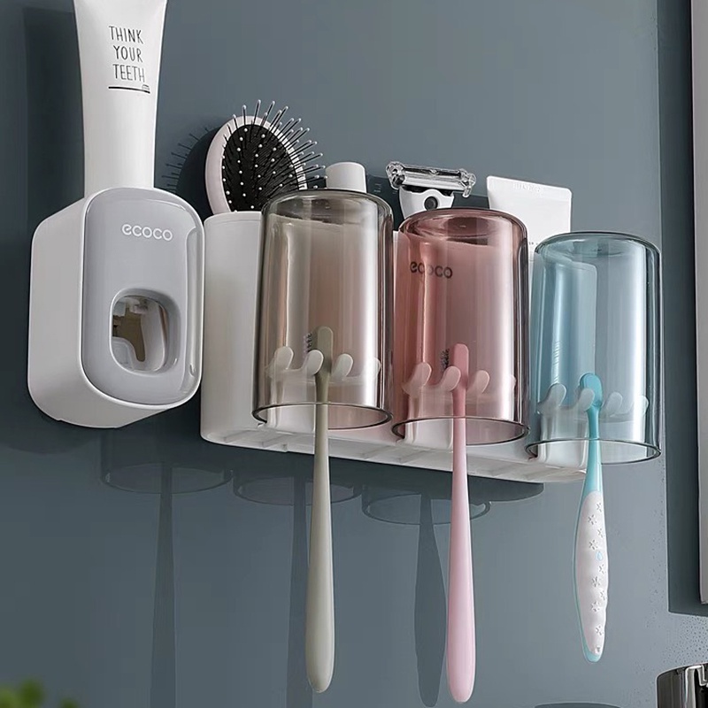 Bộ Nhả Kem Đánh Răng Tự Động, Kệ Để Đồ Phòng Tắm Cao Cấp Ecoco ( Tặng Kèm Miếng Dán )