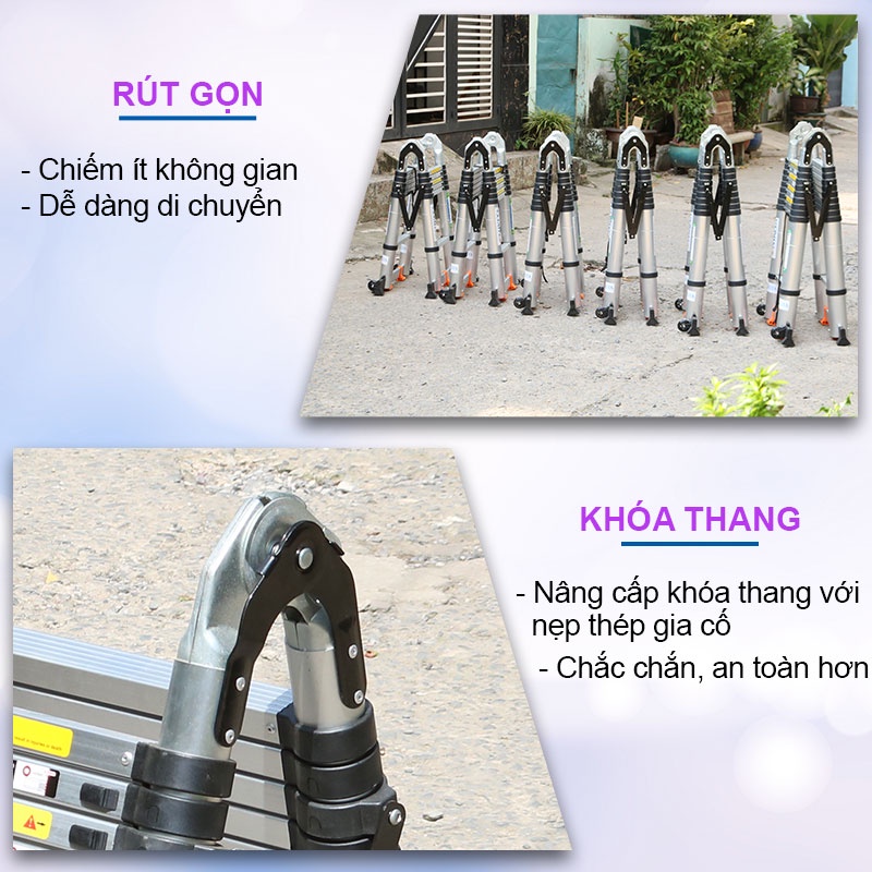 Thang nhôm rút đôi chữ A, có bánh xe di chuyển, nhiều kích thước lựa chọn NIKITA