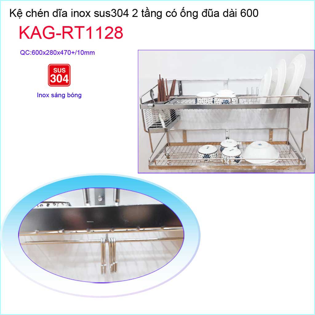 Kệ chén dĩa 6T inox 304, kệ úp chén dĩa inox có ống đũa KAG-RT1128