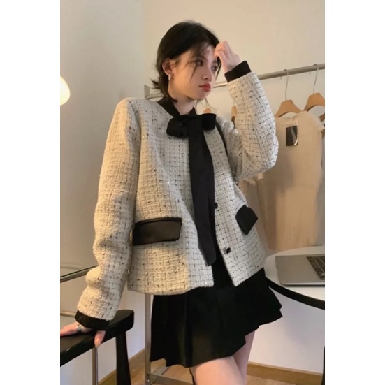 Áo khoác dạ vải tweed thắt nơ nữ tính phong cách Hàn Quốc 2022