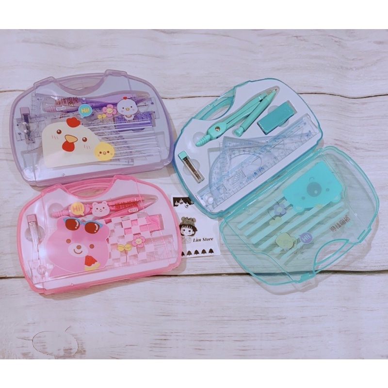 -  Hộp compa kèm thước kẻ eke thước thẳng tẩy gôm ngòi