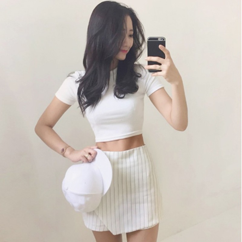 Áo Thun Crop Top Tay Ngắn Cổ Tròn Màu Trơn Thời Trang Mùa Xuân Cho Nữ