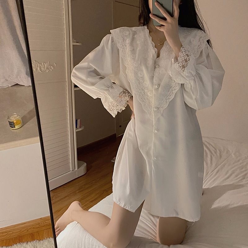 Đầm Ngủ Cổ Bẻ Phối Ren Phong Cách Pháp Cho Nữ