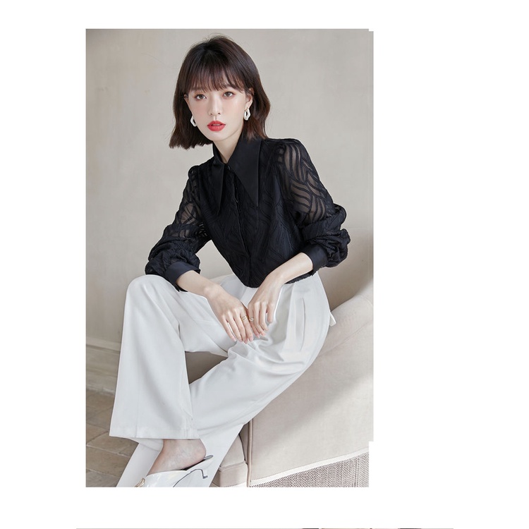 Áo Sơ Mi Chiffon Tay Dài Màu Đen Thời Trang Mùa Thu Phong Cách Hàn Quốc Cho Nữ