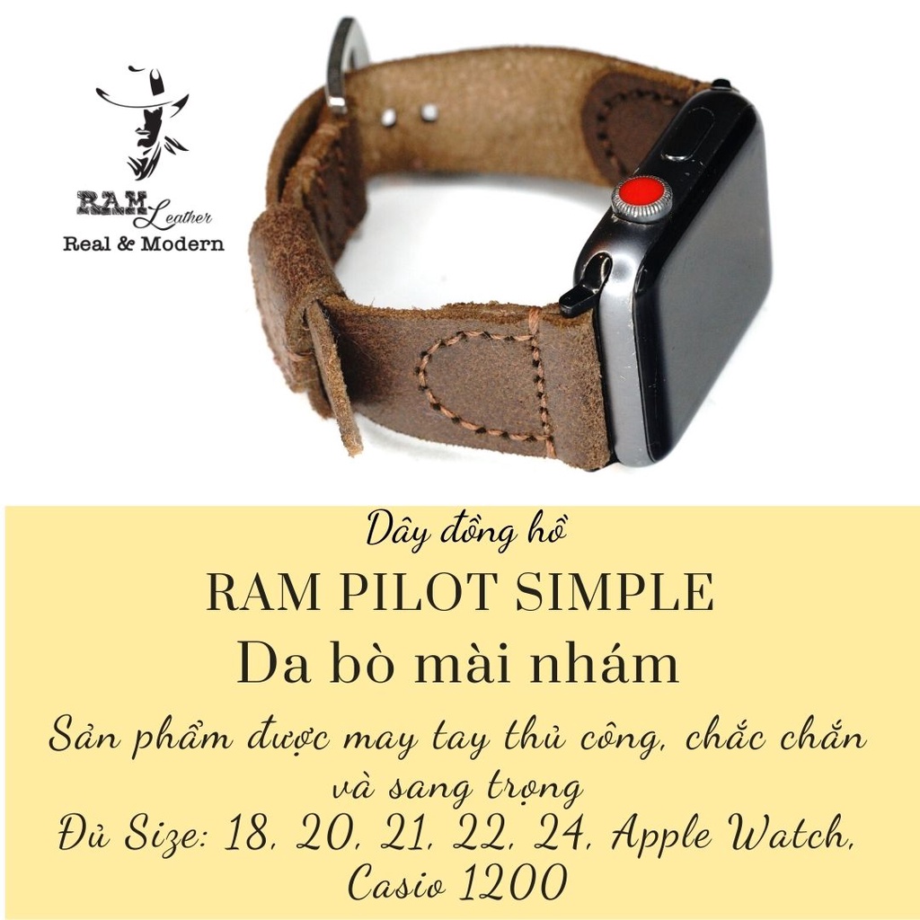 Dây apple watch da bò vintage kiểu phi công handmade bền chắc cực đẹp RAM Leather Pilot - tặng khóa chốt và adapter