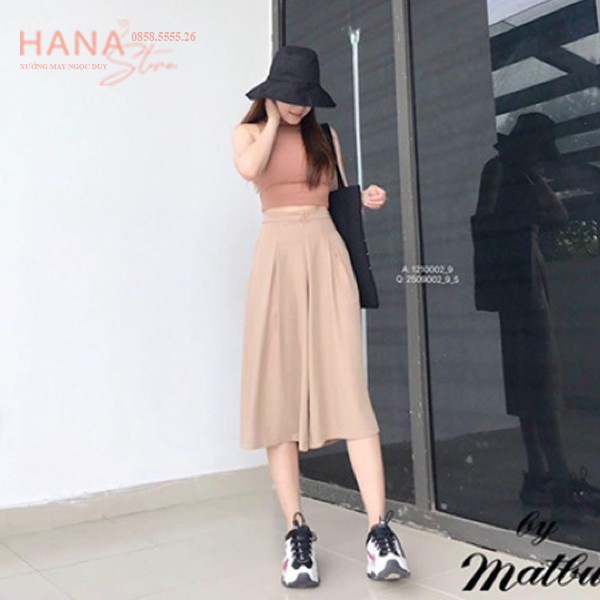 Quần lửng nữ ống rộng suông xếp ly giả váy cạp lưng cao  2 màu đen trắng - Vải Đũi - mặc dài qua gối