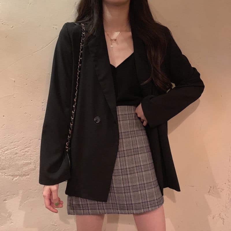 Set Blazer nữ kèm chân váy màu đen nâu phom rộng phong cách Ulzzang Hàn Quốc đi làm đi chơi đi học đi du lịch đủ size