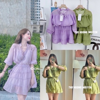 Set áo đũi tơ nhăn cổ nơ mix chân váy xoè tầng 2 màu