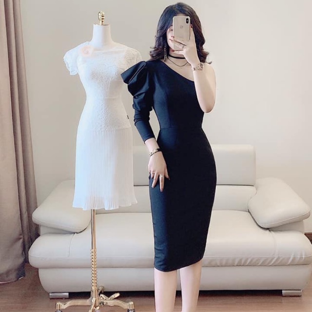 Váy dự tiệc body đen chễ vai - Hãng DVC(size S)