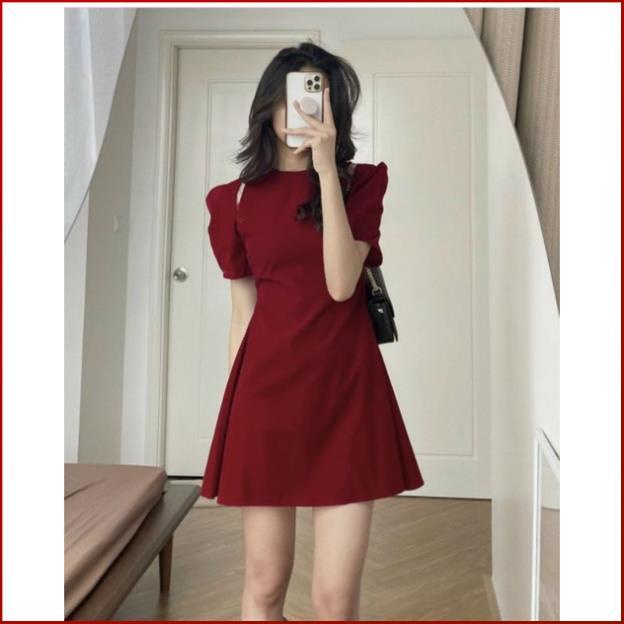 Váy Nhung Đỏ COVAS Đầm Đỏ Dự Tiệc Cưới Cổ Tròn Tay Bồng Mặc Đi Chơi Dáng Chữ A Đẹp Thời Trang Nữ Có Size S M L .