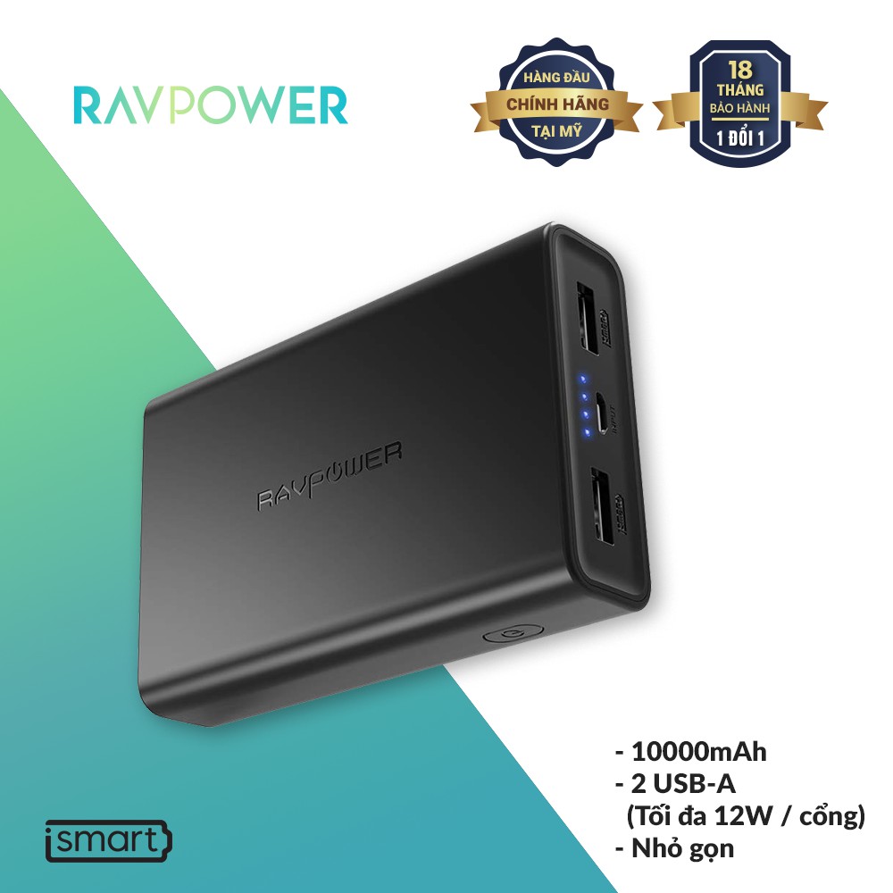 Pin Sạc Dự Phòng RAVPower 10000mAh 17W Sạc Nhanh iSmart 2.0, Output 3.4A