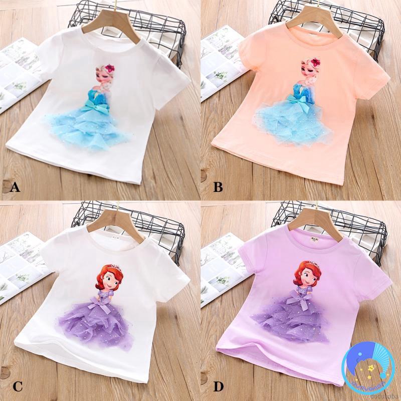Áo thun ngắn tay trang trí hình công chúa hoạt hình Frozen cho bé gái 2-7 tuổi