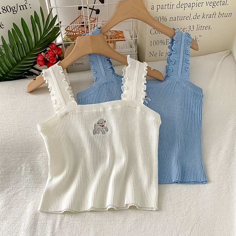 Áo Tank Top Dệt Kim Hoạ Tiết Thêu Thiết Kế Ngọt Ngào