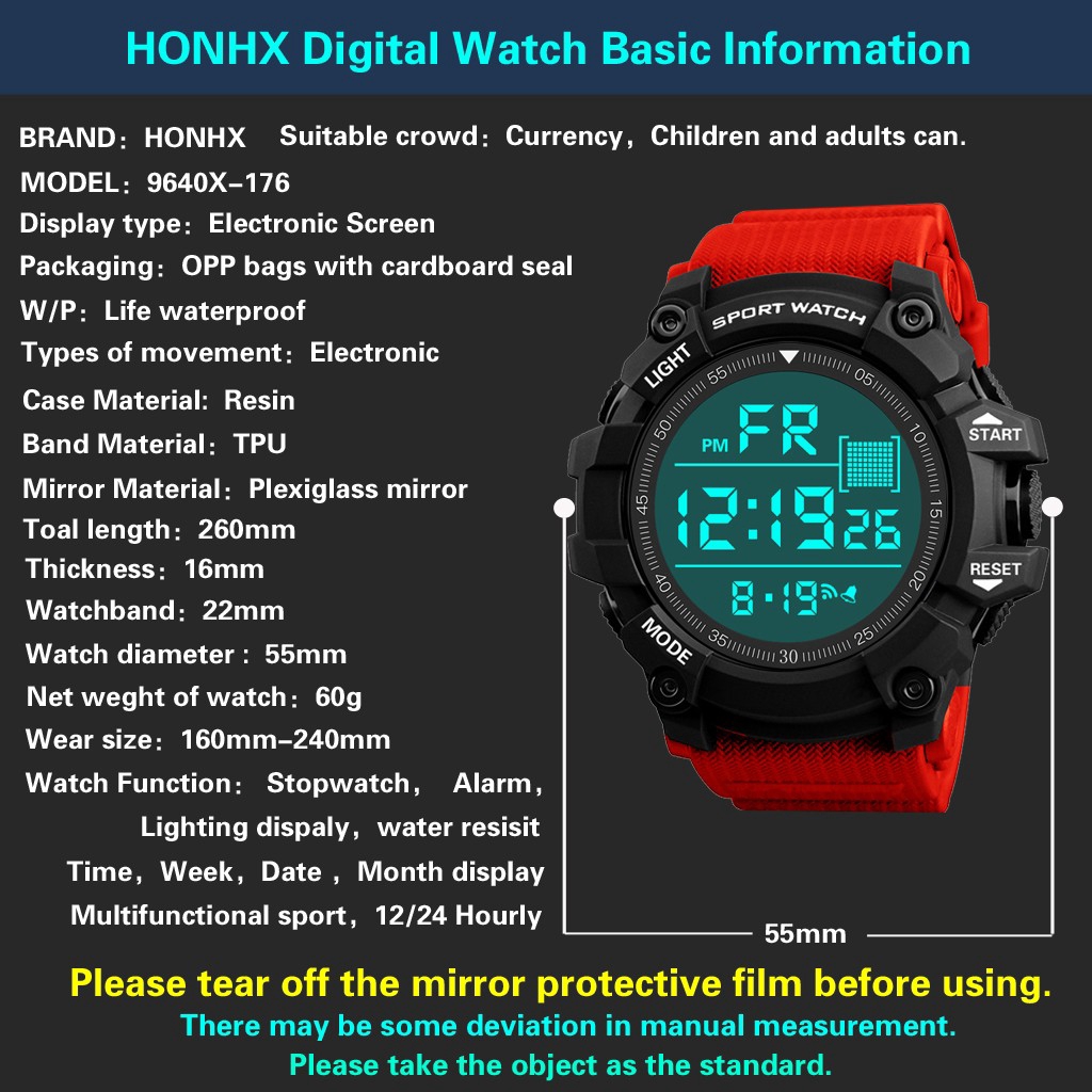 Đồng hồ đeo tay thể thao dây cao su màn hình kỹ thuật số LCD có hiện ngày đếm ngược thời trang chống thấm nước cho nam