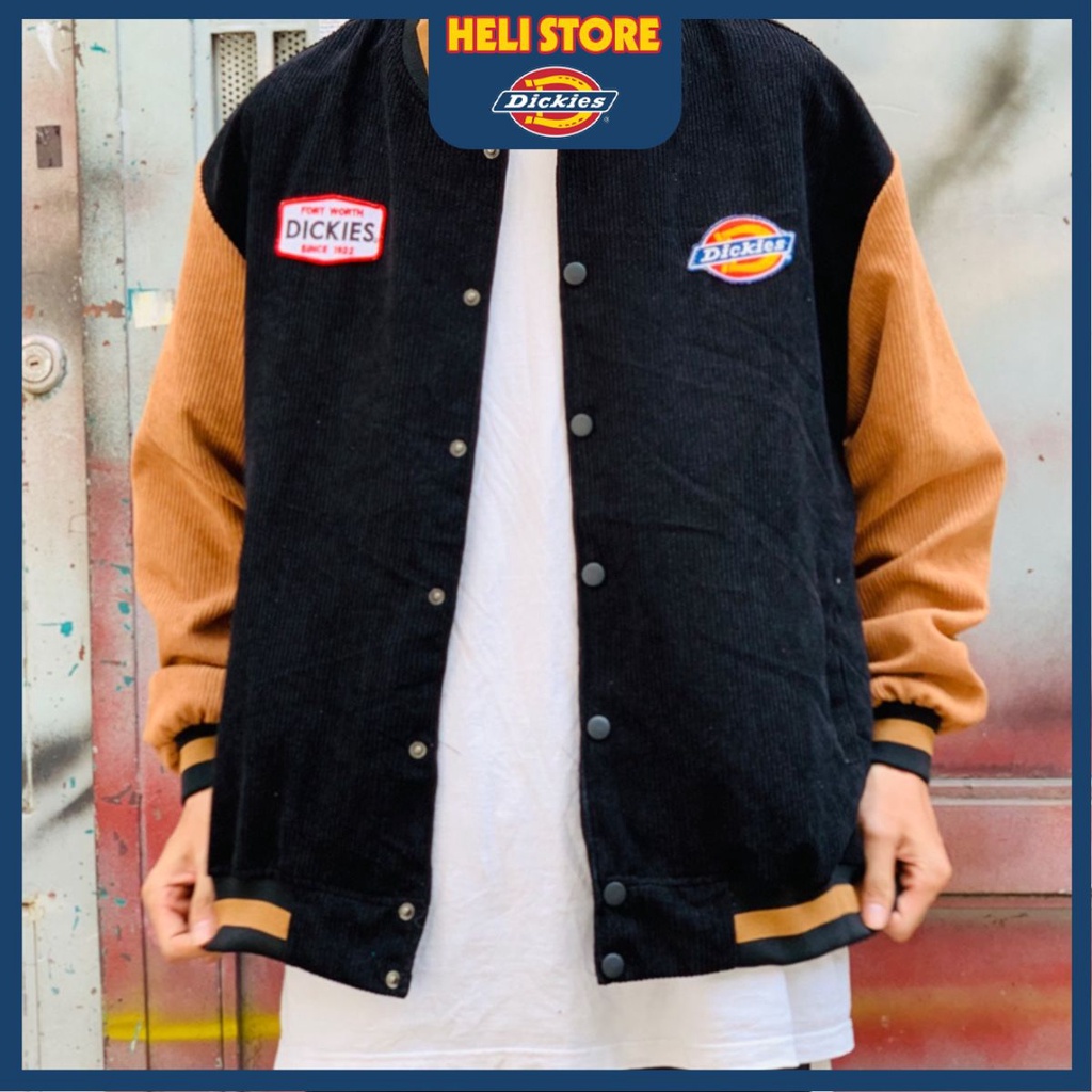 Áo Khoác Bomber Jacket Varsity Dickies Đen nâu - Form rộng oversize - Chất liệu nhung tăm cao cấp.