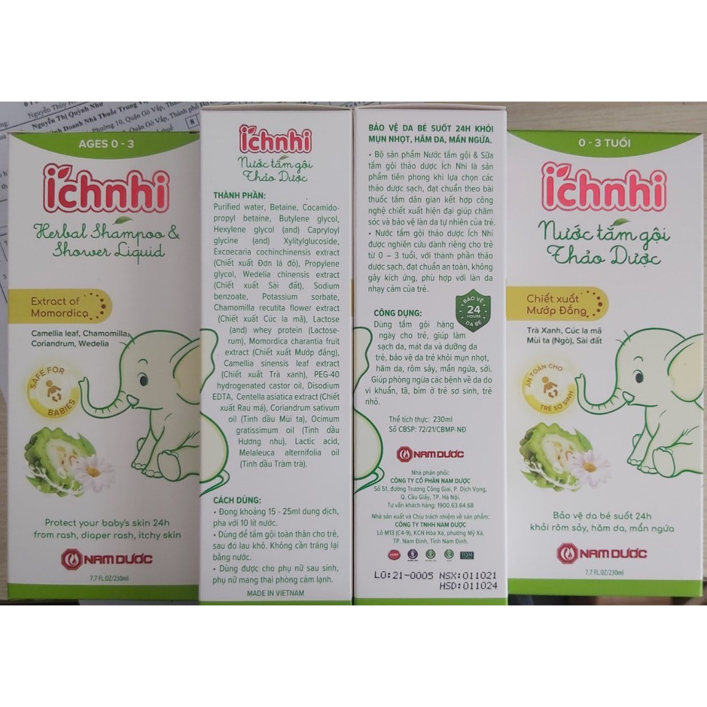 Nước Tắm Gội Thảo Dược Ích Nhi -Bảo vệ bé khỏi rôm sảy, hăm da, mẩn ngứa - Chai 230ml
