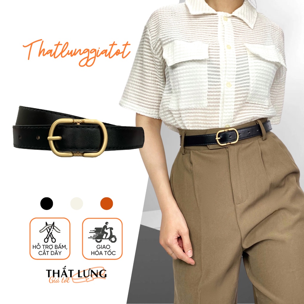 Thắt lưng nữ mặt bầu tròn màu vàng phong cách bản 2.3cm (Hỗ trợ bấm, cắt dây nịt) TL118 - Thắt Lưng Giá Tốt