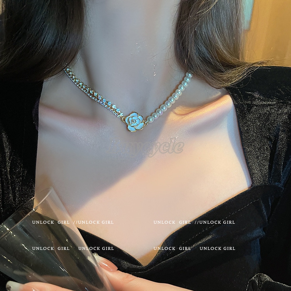 Vòng cổ Đính Ngọc Trai Hình Hoa Trà Sang Trọng Phong Cách Retro Pháp